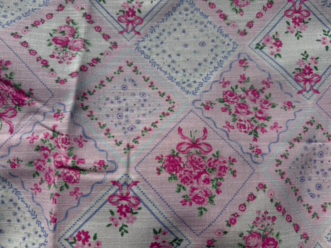 Pink white Floral Plaid Ribbon Bow Print Cotton Linen Fabric "Pretty Polly"