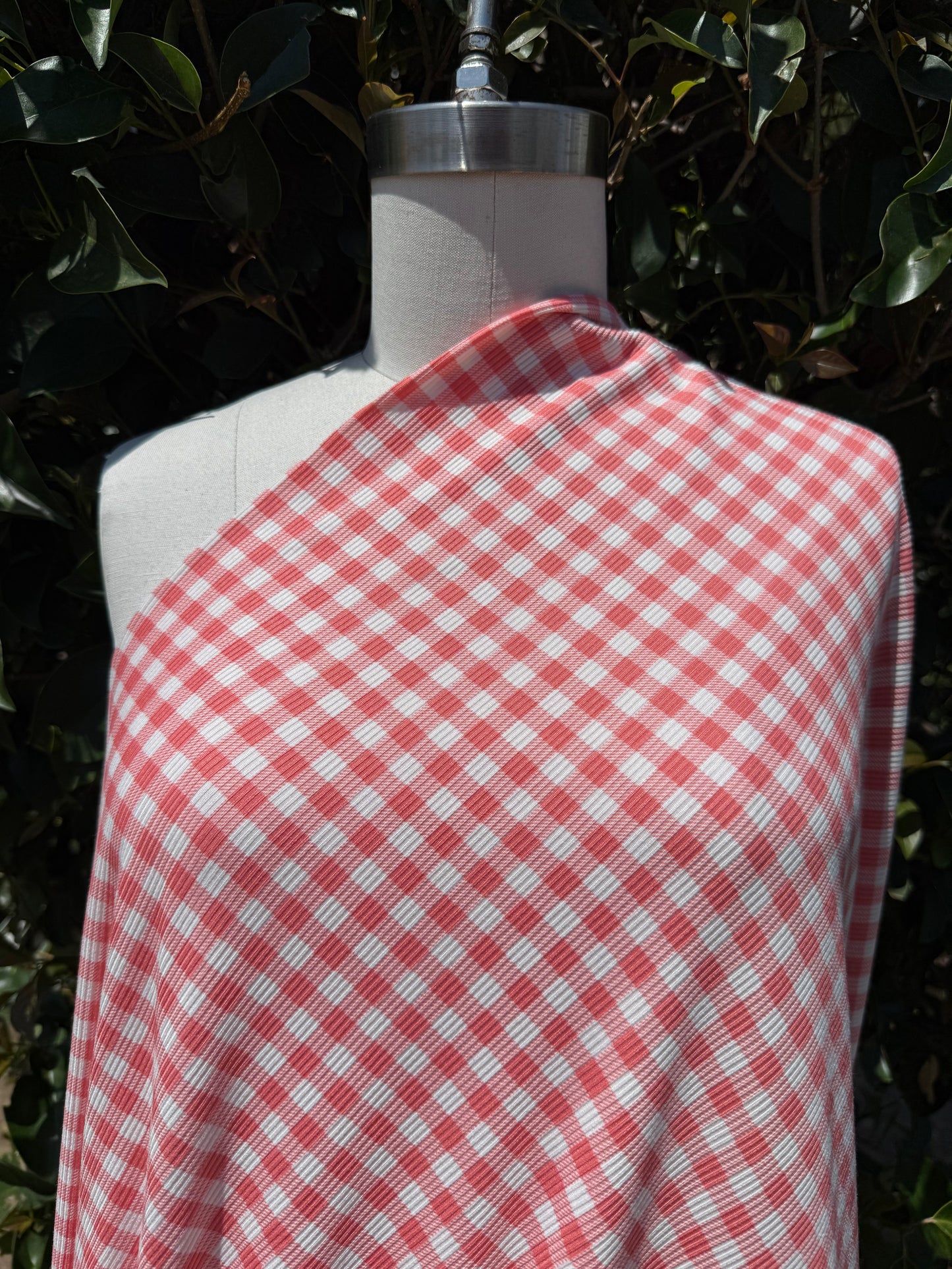 Pink White Gingham Plaid 2x1 Rib Polyester Spandex Rib "Watermelon Lemonade"