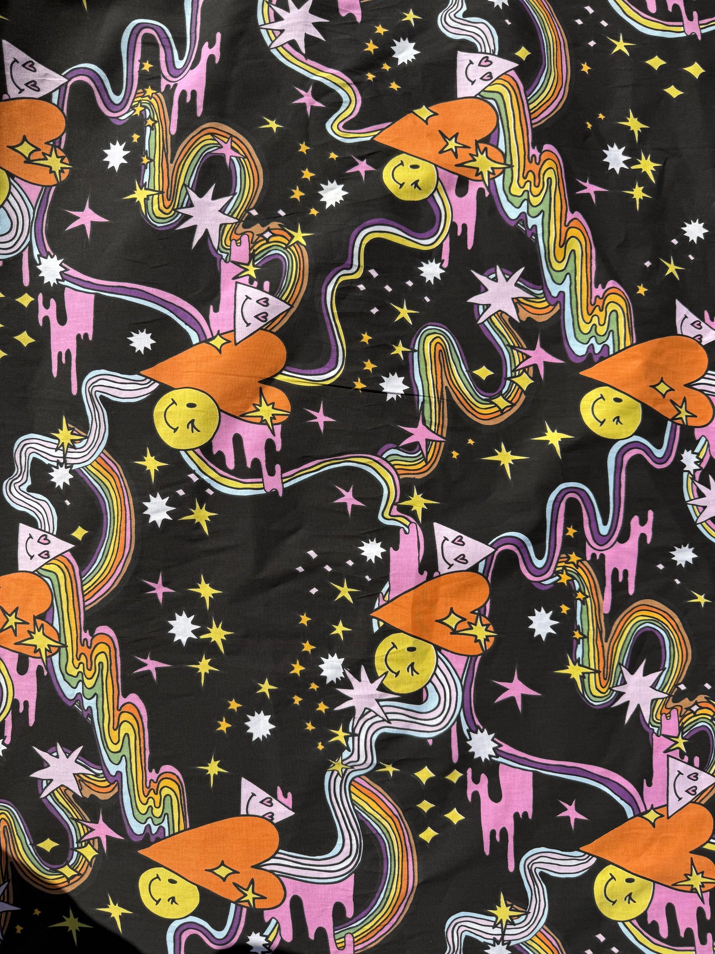 Black Yellow Pink Rainbow Smiley Face Heart Triangle Trippy Cotton Spandex Poplin Woven "Trippy Days”
