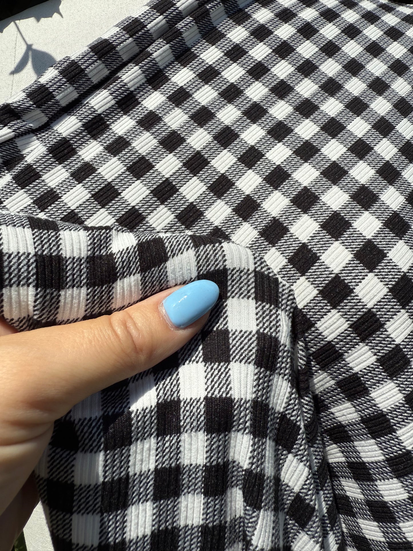 Black White Gingham Plaid 2x1 Rib Polyester Spandex Rib "Moody Picnic”