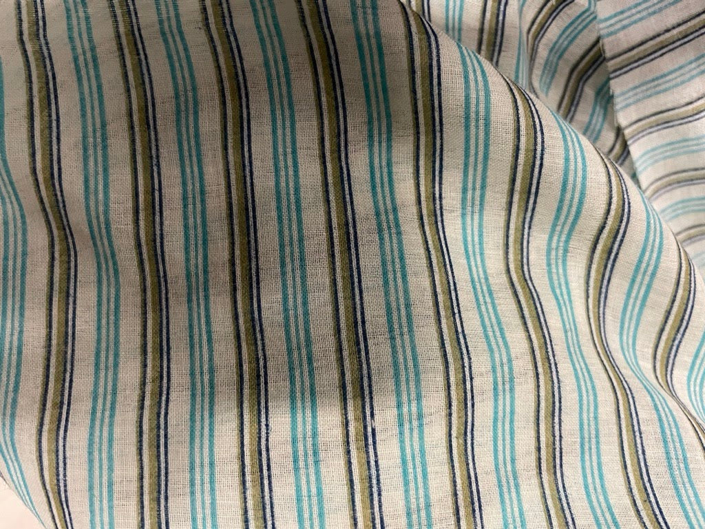 Blue Green Thin Stripe Lightweight Sheer Vintage Cotton Voile "Fresh Air"