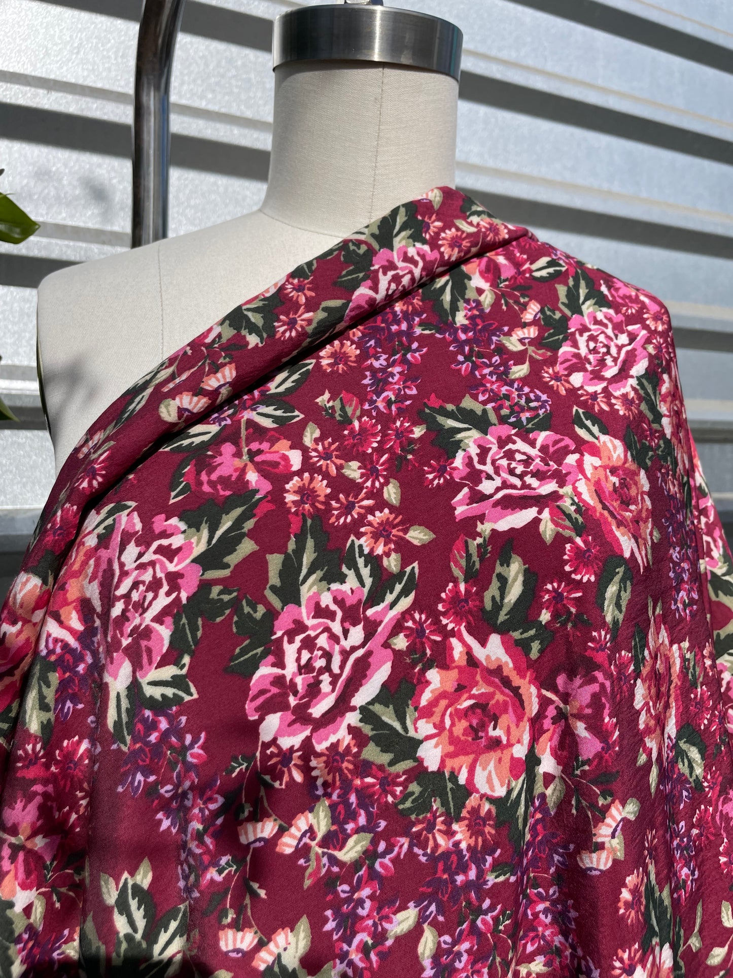 Burgundy Pink Lavender Green Rose Floral Rayon Woven Light Weight "Mila Rose"