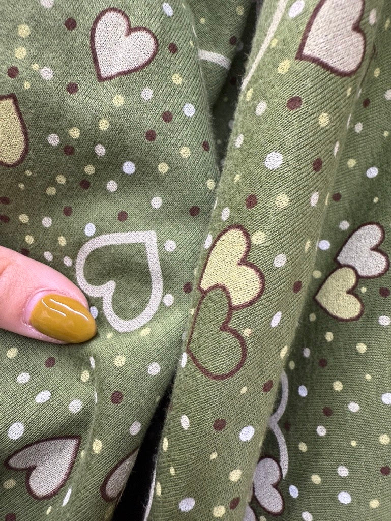 Green Yellow White Brown Hearts Dots Vintage Cotton Jersey Knit "Pop Heart Parade"
