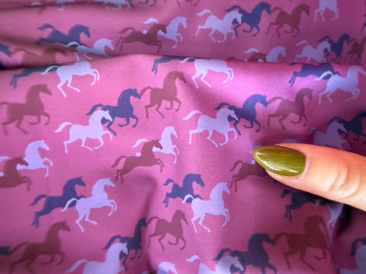 Blue Magenta Pink Purple Horse Silhouette Nylon Spandex Swim Knit "Pony Pool”