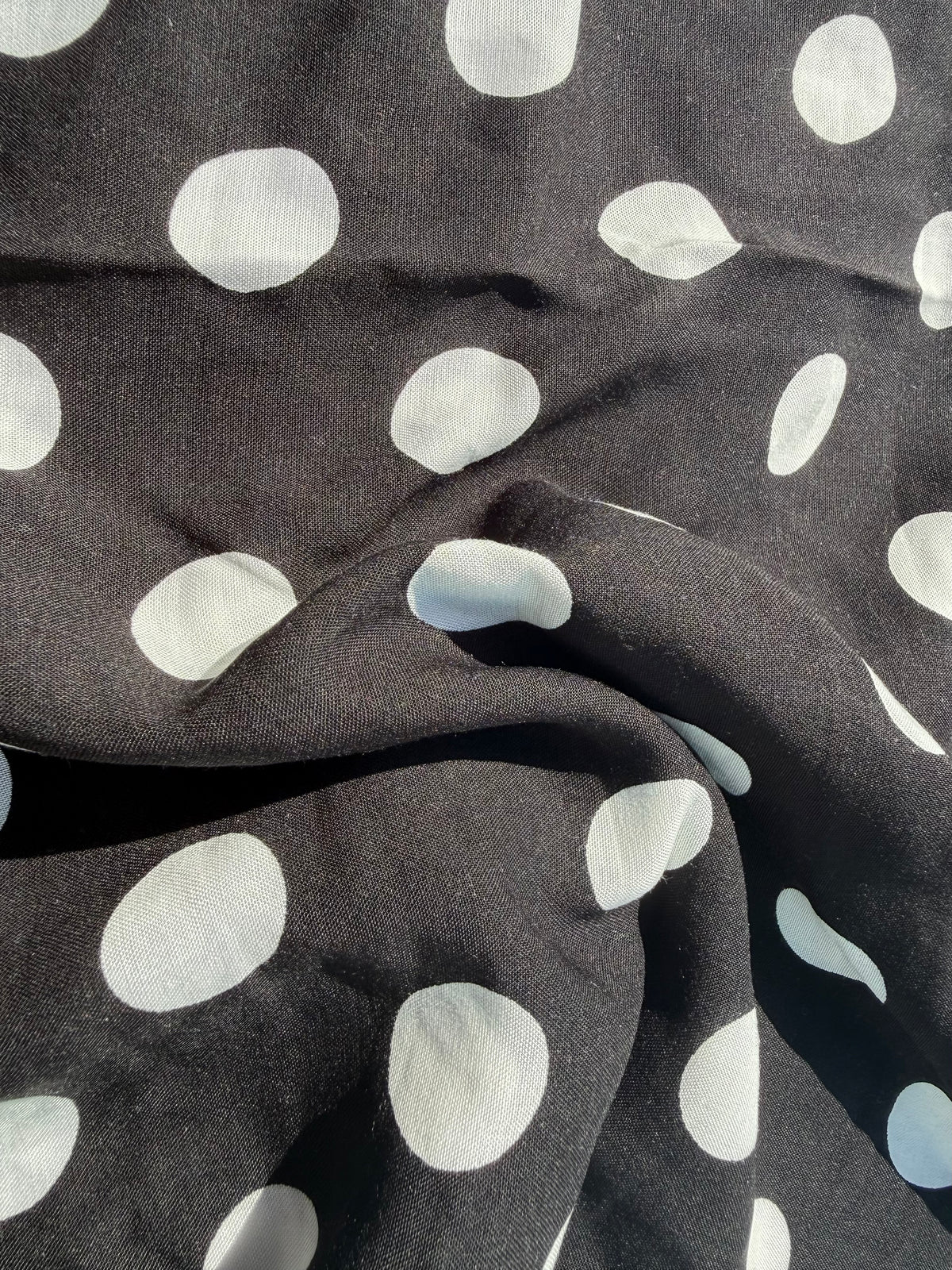 Black White Large Polka Dot Rayon Challis Woven "Lucy Twirl"