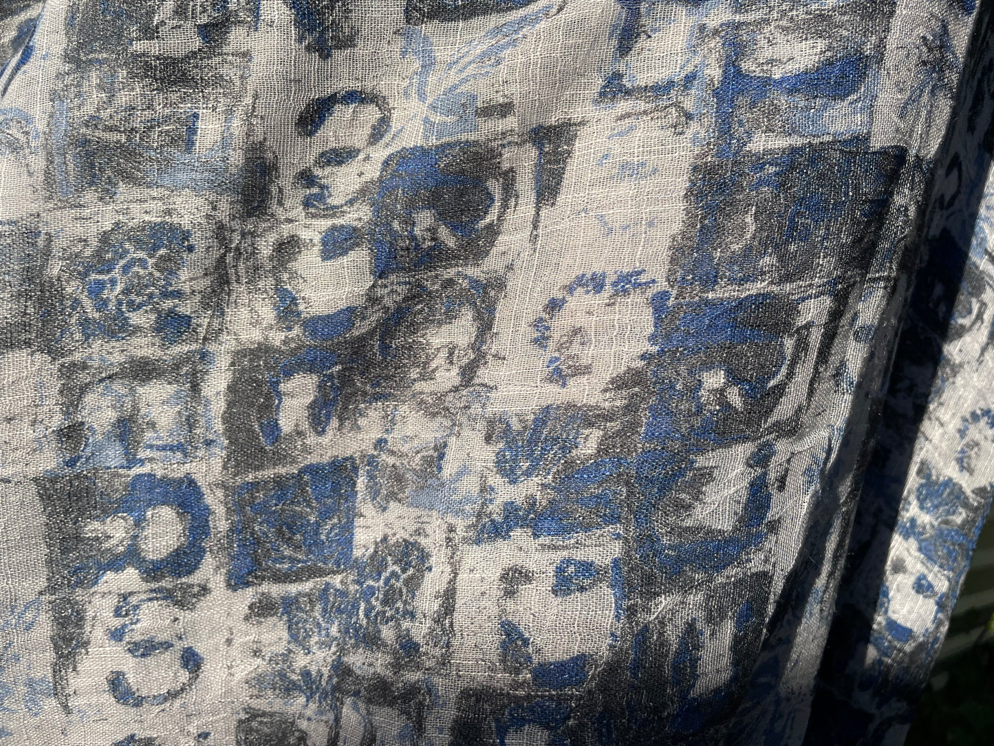 Blue Grey Abstract Sheer Gauze Block Print Rayon "Blue is a Mood"