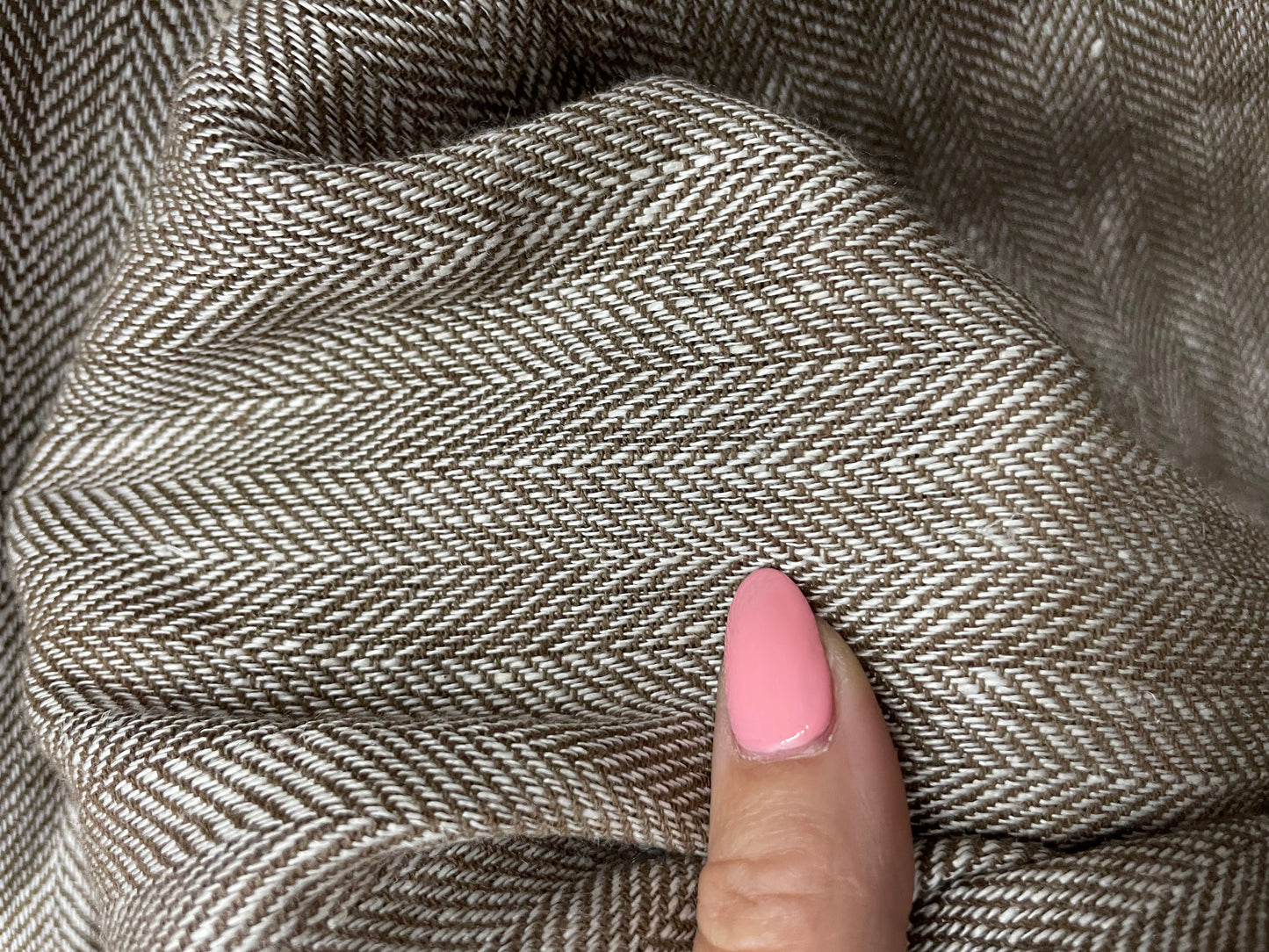 Brown White Herringbone Vintage Linen Woven "Wooded Herringbone"