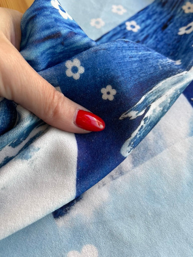 Blue White Ocean wave Mini Floral Terry Cloth Polyester Knit "Tidal Blooms"