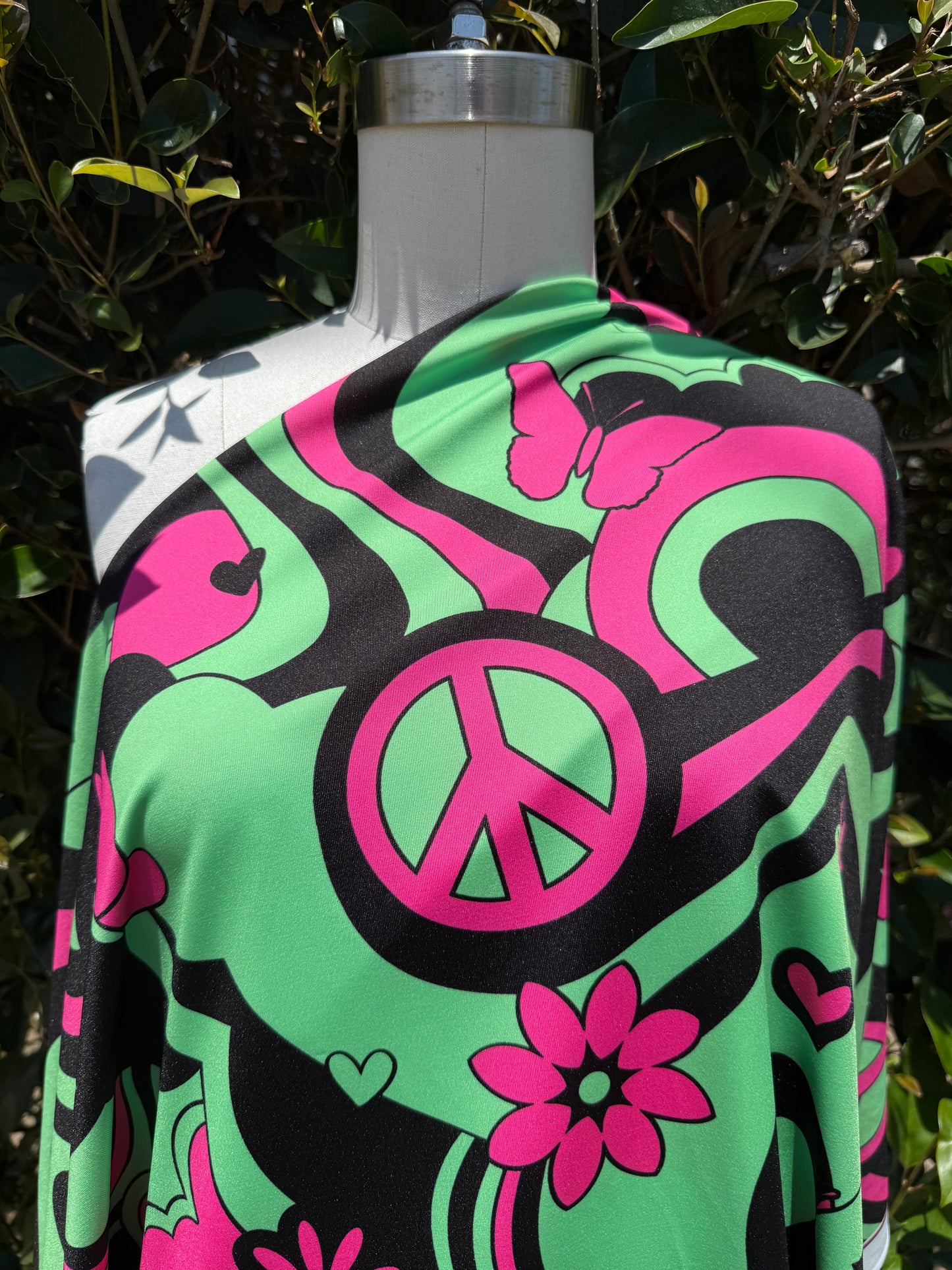 Lime Green Pink Black Swirl Peace Floral Butterfly Print Polyester Spandex Knit "Trippy Hippie"