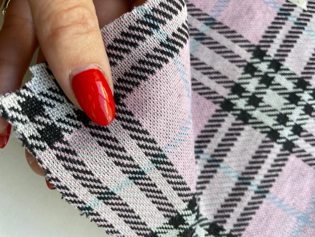 Black Pink Blue Plaid Polyester Spandex Ponte Knit "Pastel Punk"