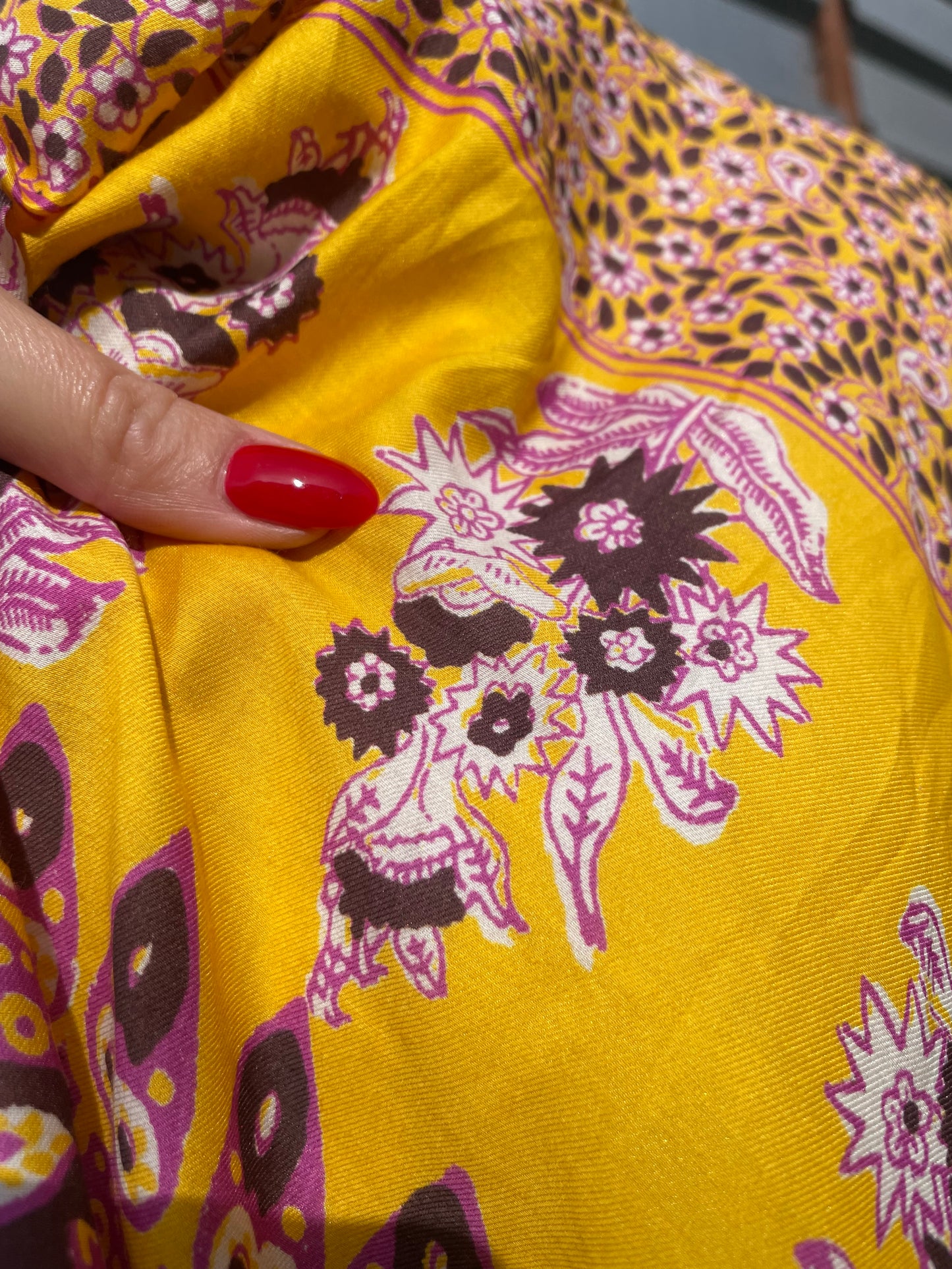 Silk Cotton Voile Yellow Magenta Paisley Panel "Spring Chick"