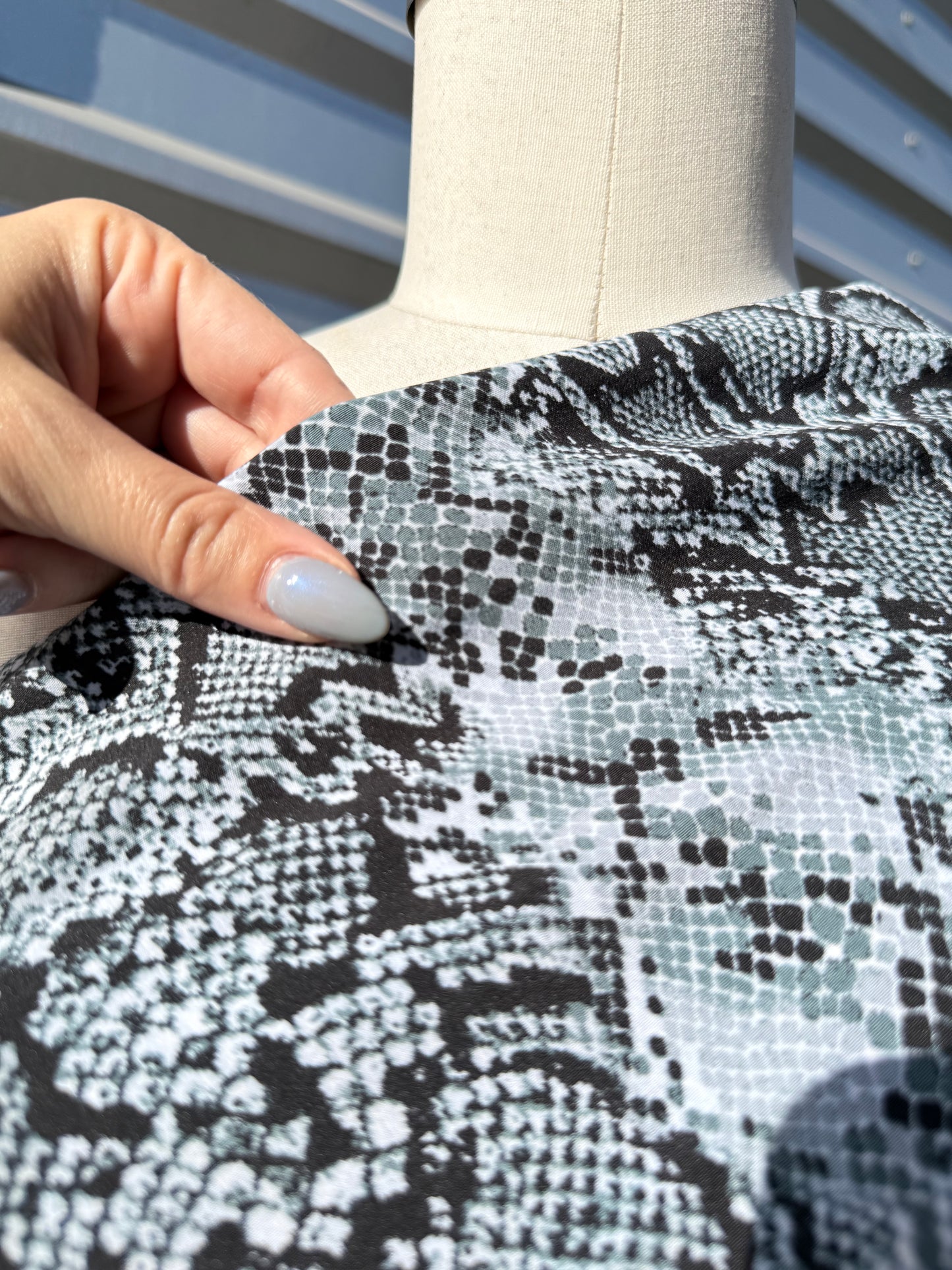 Black White Gray Abstract Snake Animal Print Polyester Crepe "Snakeskin Impressions"