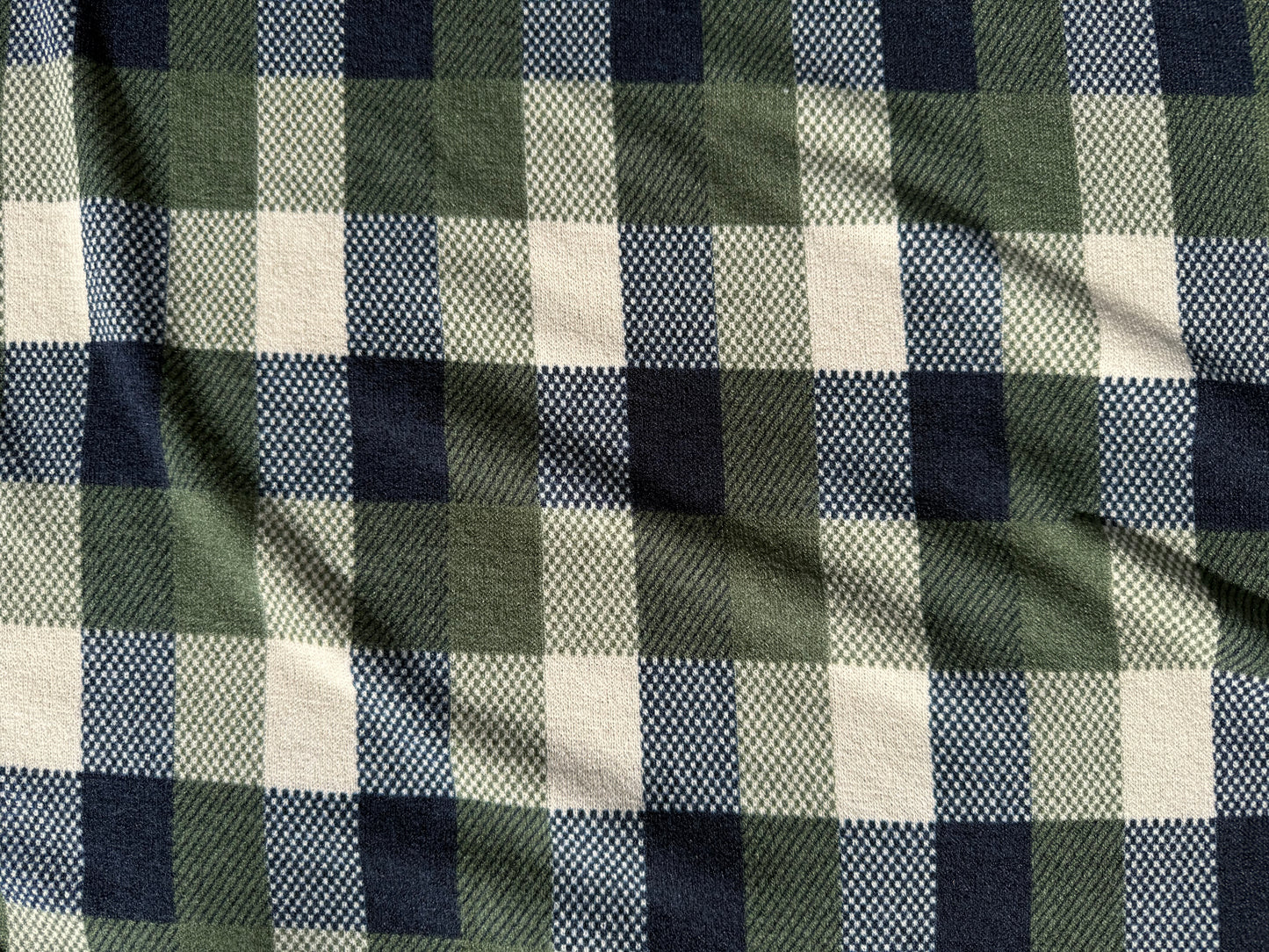 Green Navy Ivory Plaid Hacci Sweater Knit "Mountain View"