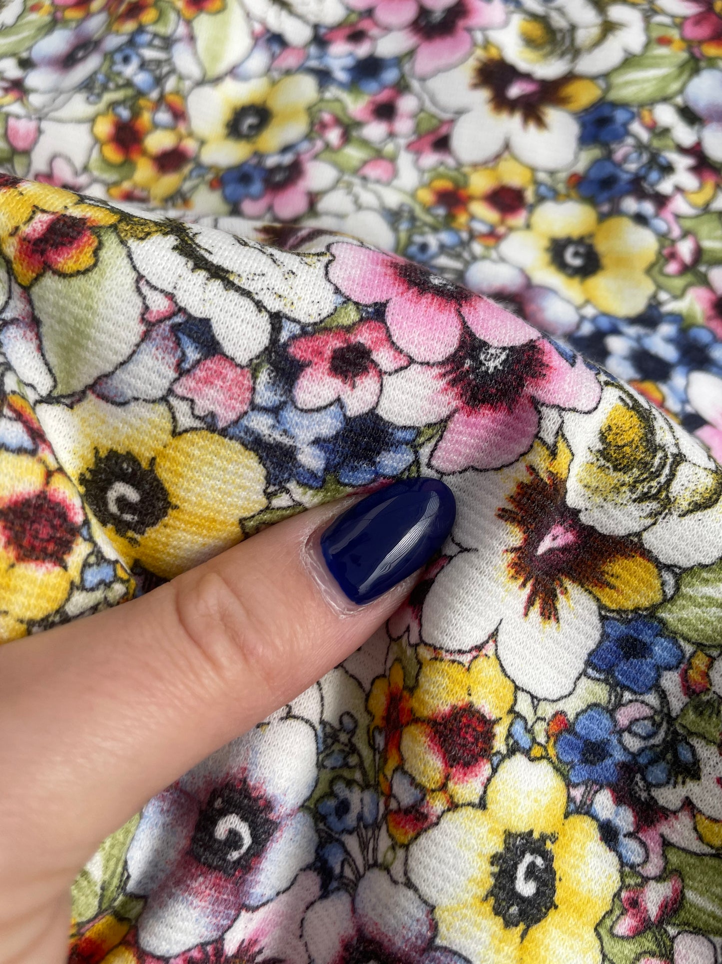 Pink Blue Yellow Pansies Floral Garden Print Ponte Knit "Tea in the Garden"