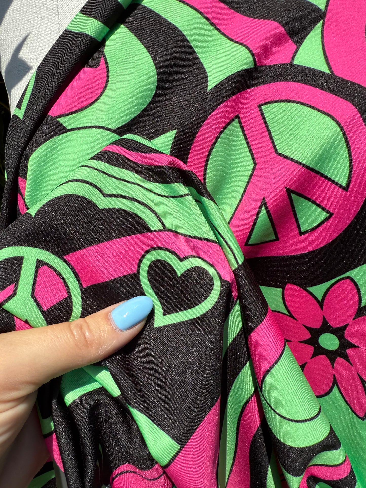 Lime Green Pink Black Swirl Peace Floral Butterfly Print Polyester Spandex Knit "Trippy Hippie"