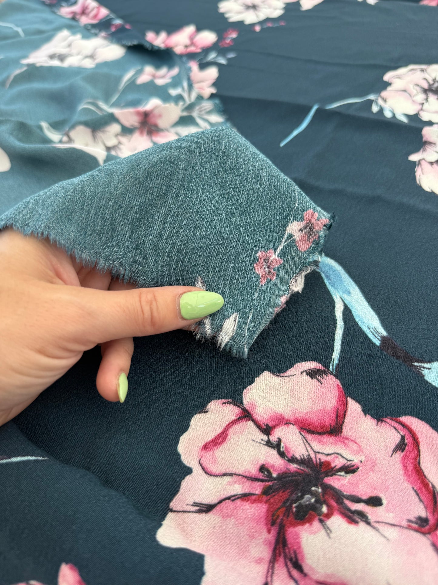 Teal Pink Watercolor Peony Floral Rayon Crepe Woven ‘Teal Blossom’