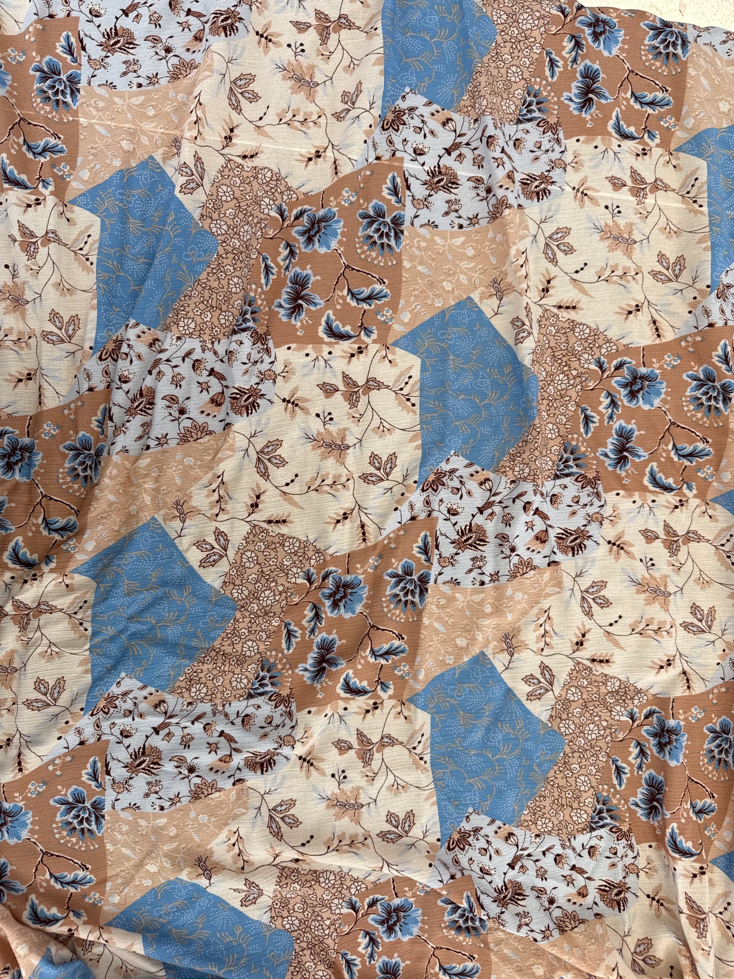 Blue Cream Taupe Patchwork Floral Crepe "Annie on the Praire"