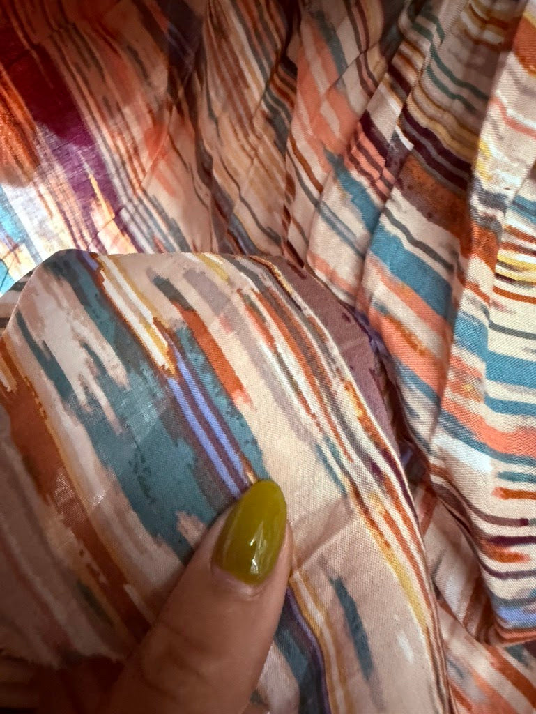 Cream Blue Pink Purple Yellow Pink Abstract Art Print Rayon Challis "Desert Mirage"