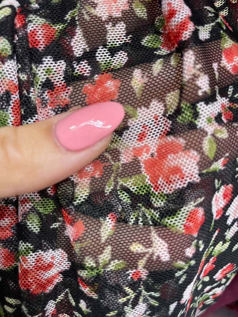 Black Red Green White Rose Floral Print Micro Mesh Stretch Knit "Blooming Rose"