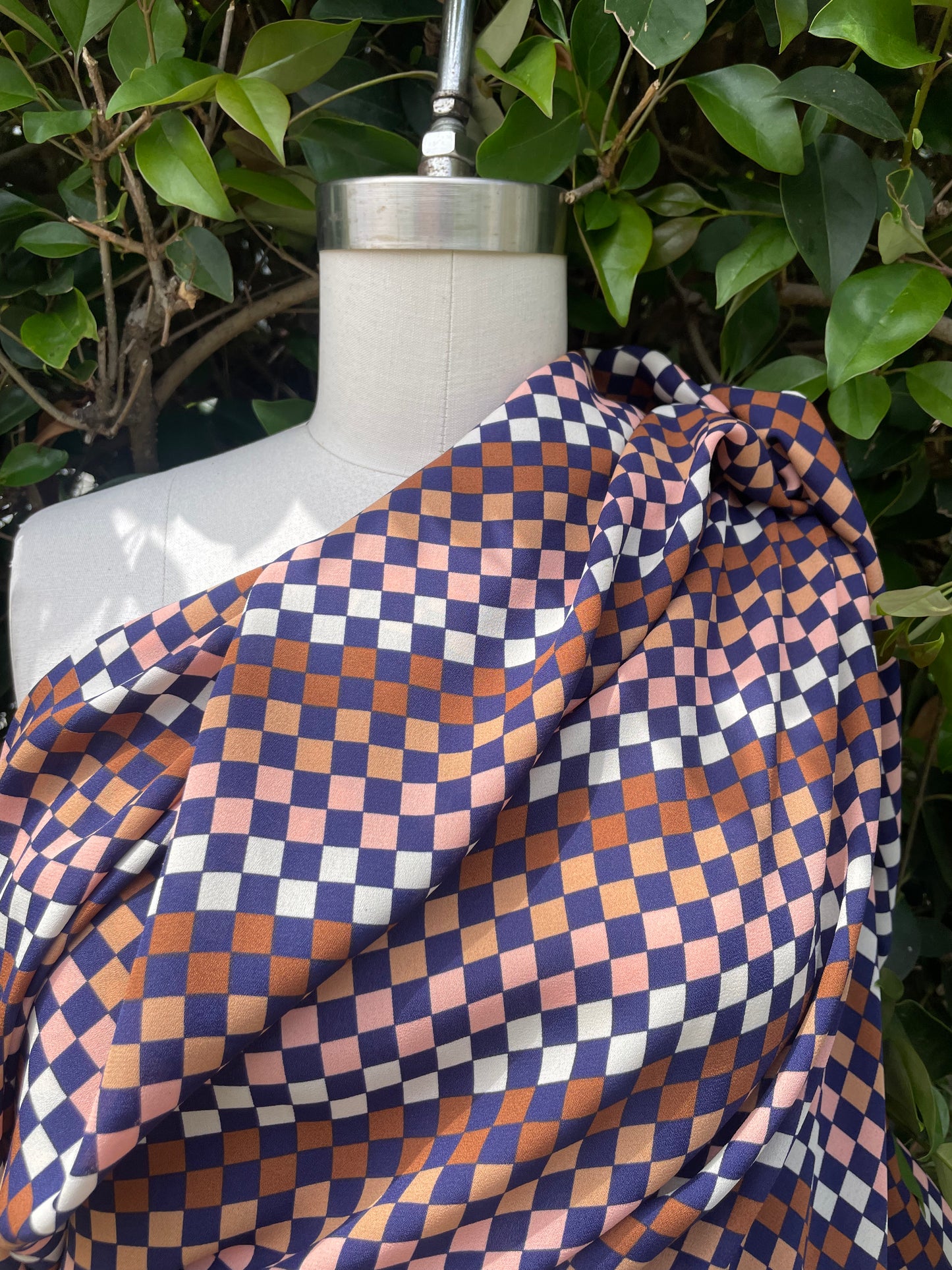 Navy Pink Tan Checker Crepe Polyester "Navy Checkmate"