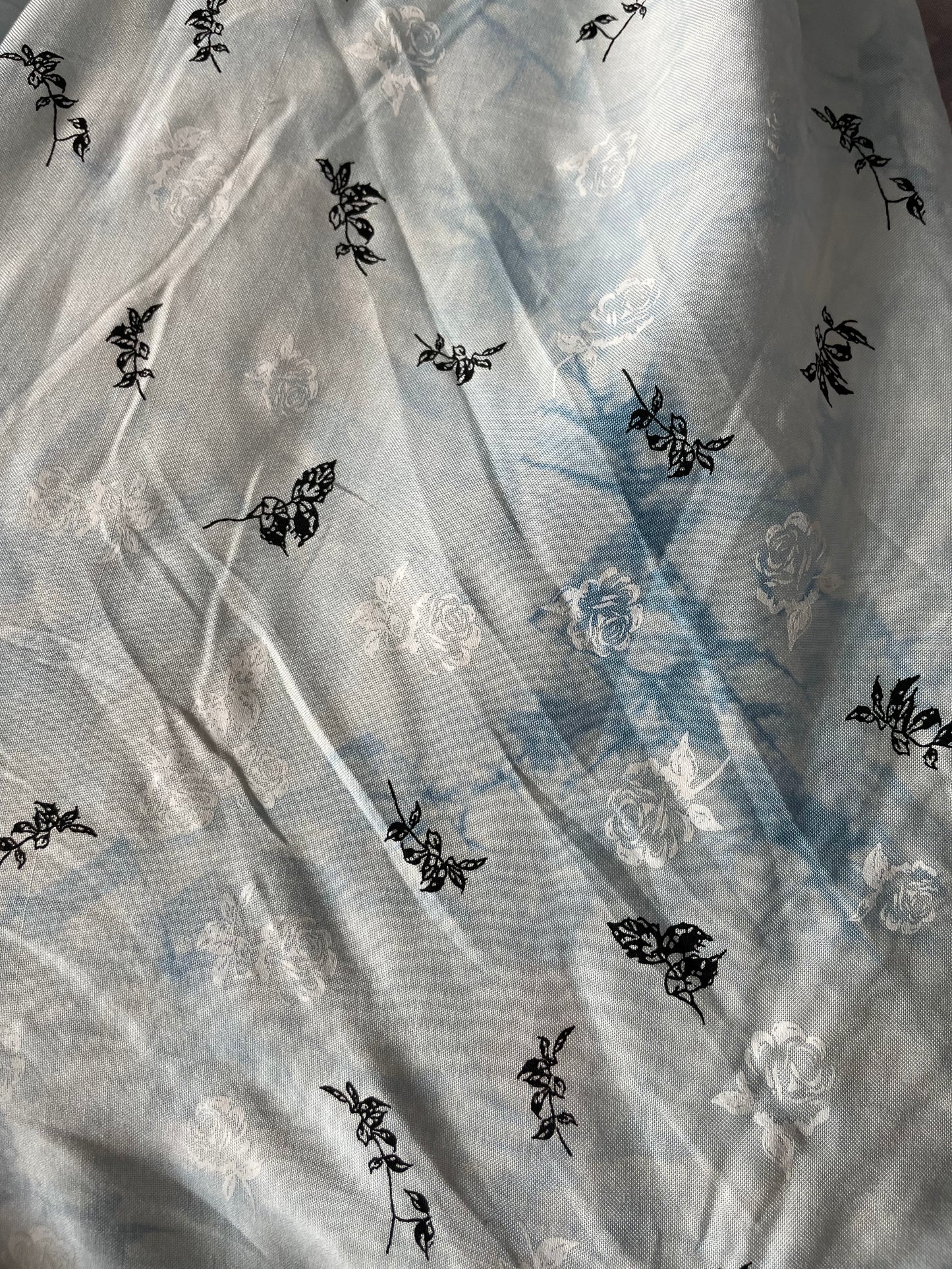 Blue White Black Floral Tie-dye Rayon Challis Woven "Icy Nightblooms"