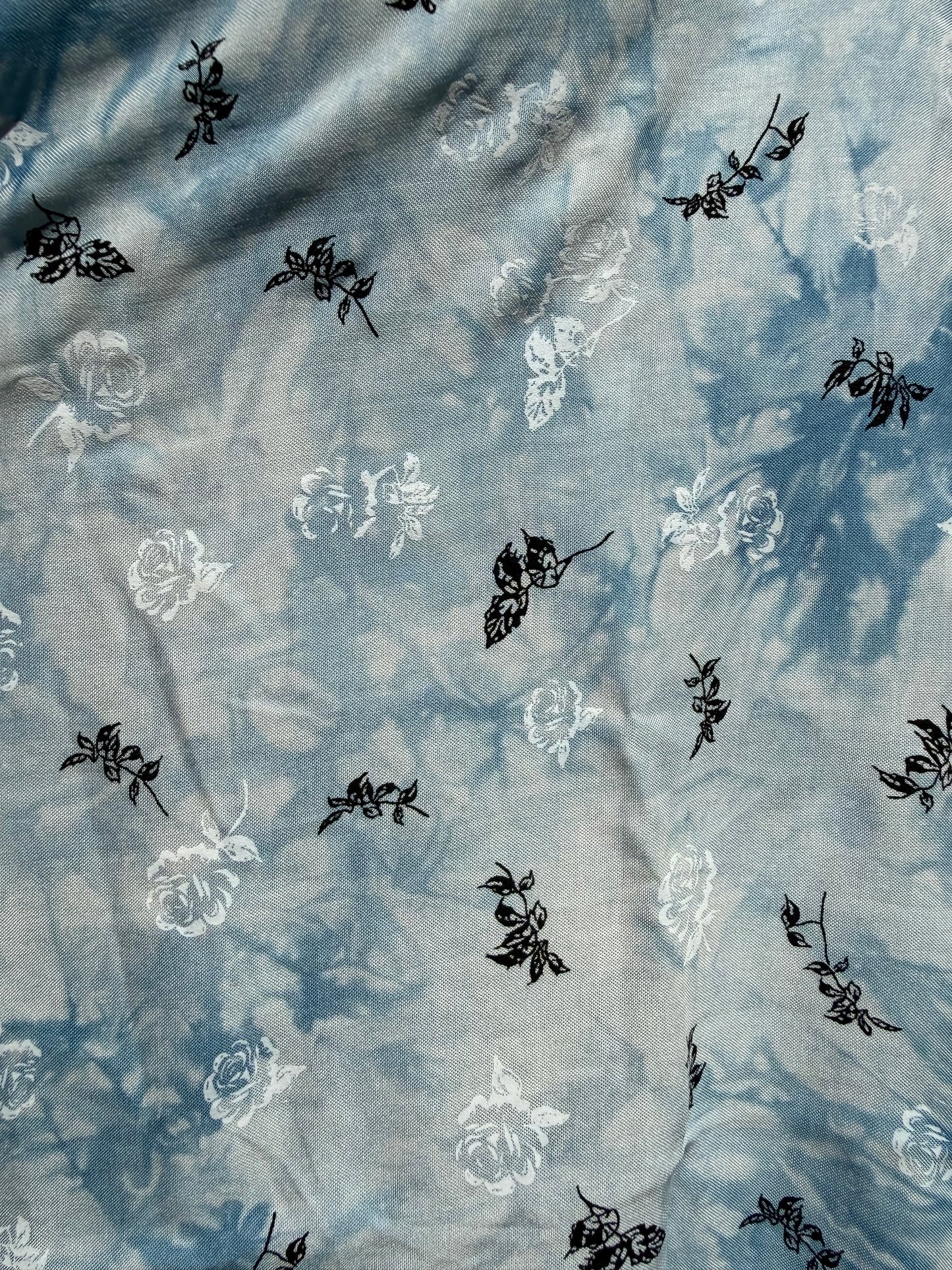Blue White Black Floral Tie-dye Rayon Challis Woven "Icy Nightblooms"