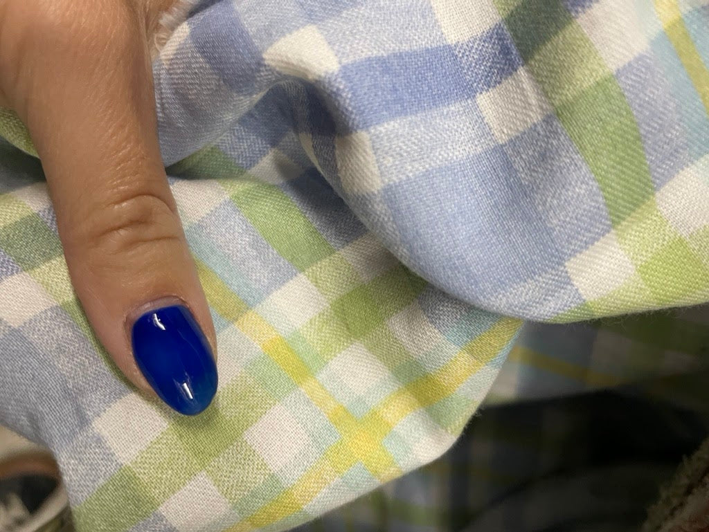 Yellow Blue Green White Plaid Vintage Cotton Twill "Summer Pond"