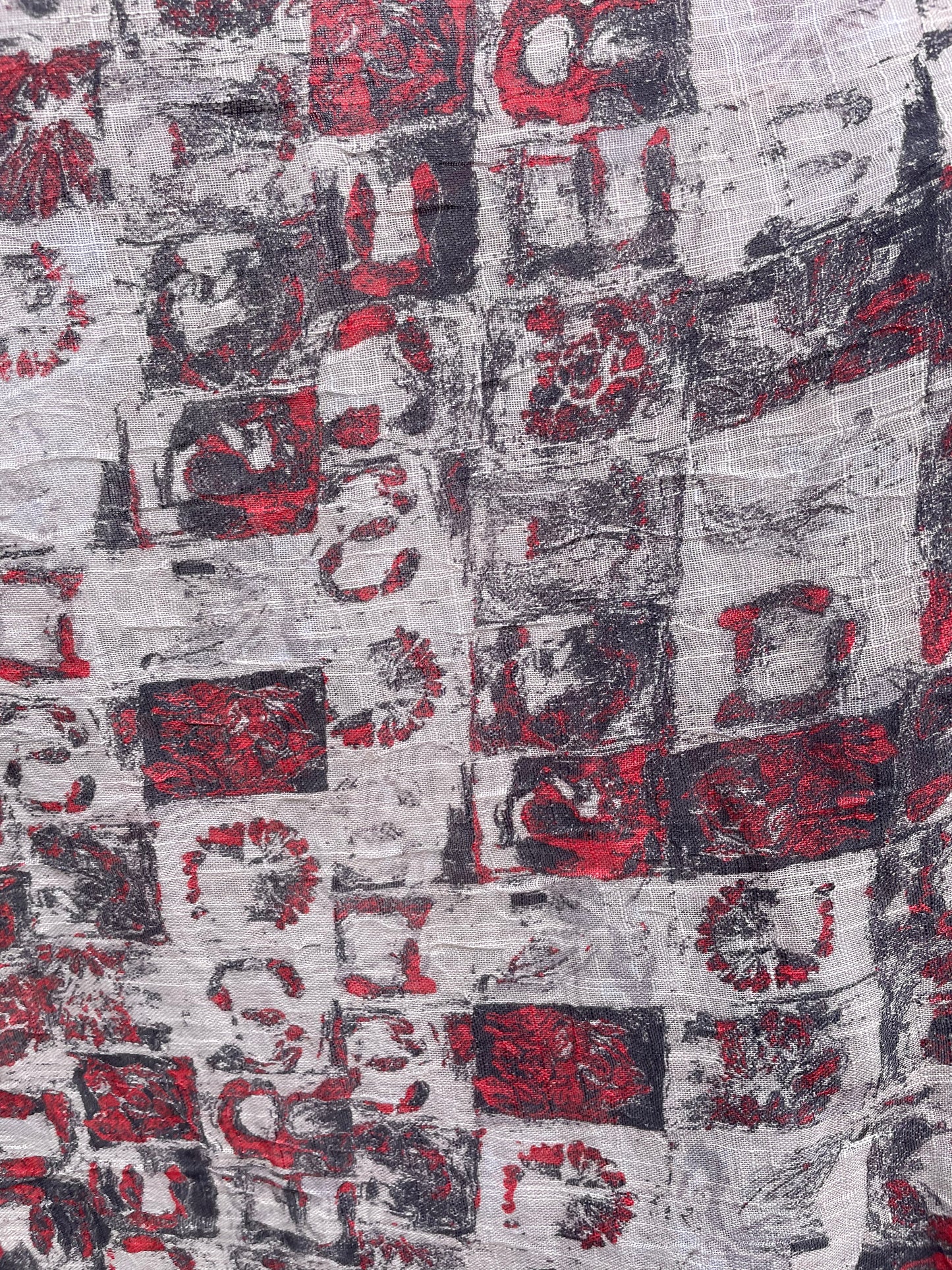 Red Grey Abstract Sheer Gauze Rayon "Grey Says and Red Shoes"