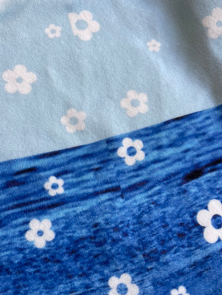 Blue White Ocean wave Mini Floral Terry Cloth Polyester Knit "Tidal Blooms"