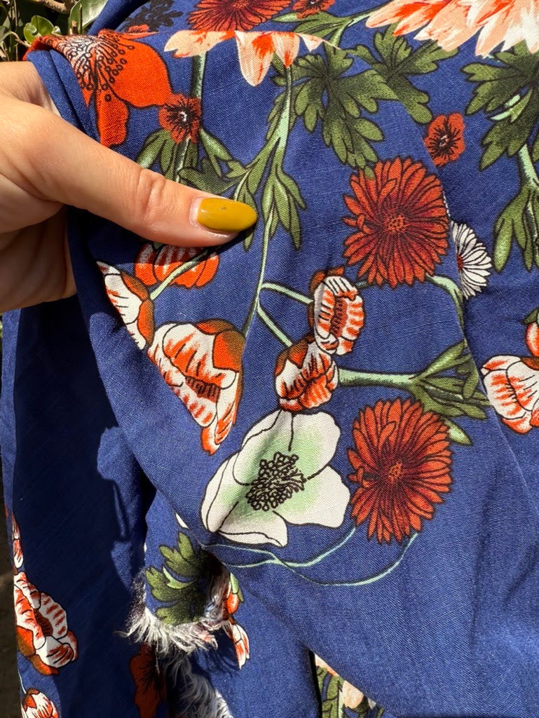 Blue Red Pink White Green Floral Textured Rayon Challis Woven "Dahlia's Resort"