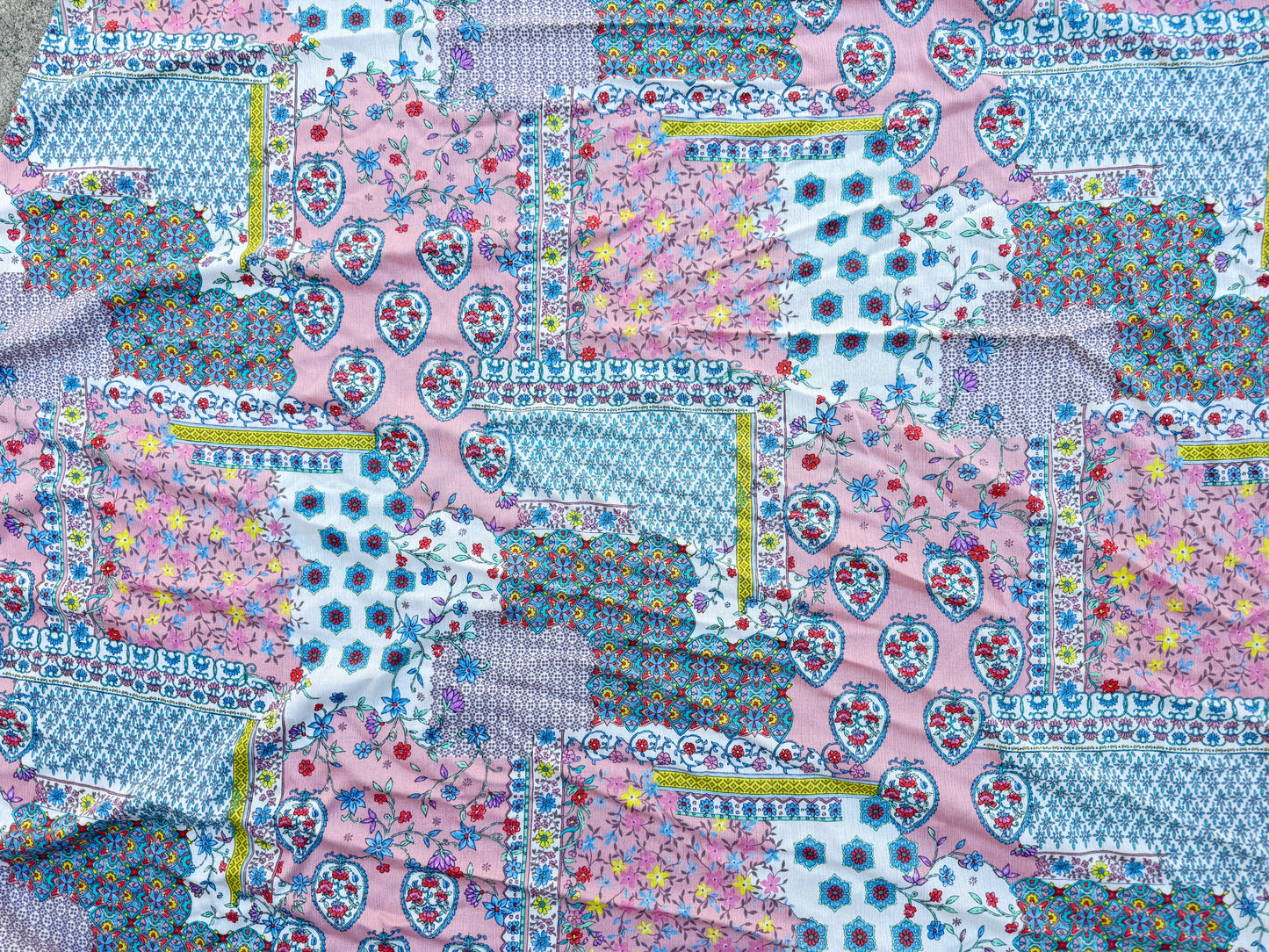 Pastel Mint Pink Boho Paisley Floral Print Rayon Crepe " Easter Glamping"