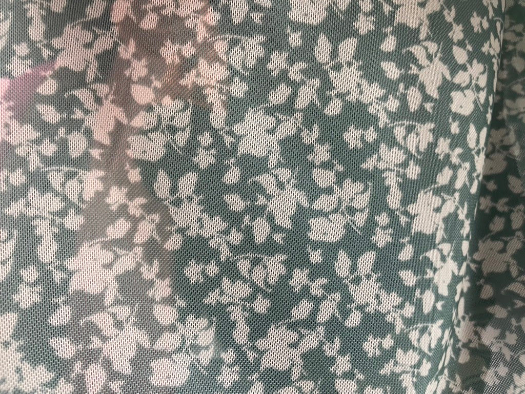 Sage Green White Leaf Floral Print Micro Mesh Stretch Knit "Skeleton Vines"