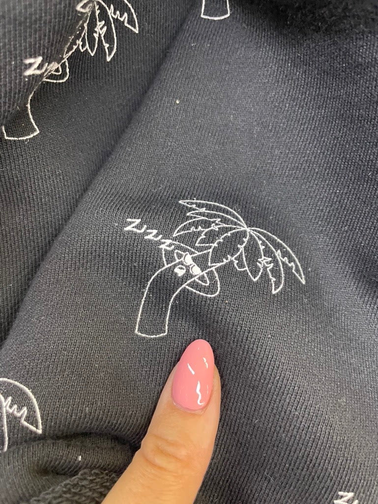 Black White Palm Tree Line Art Vintage Print Cotton Fleece Knit " Lounge Palm"