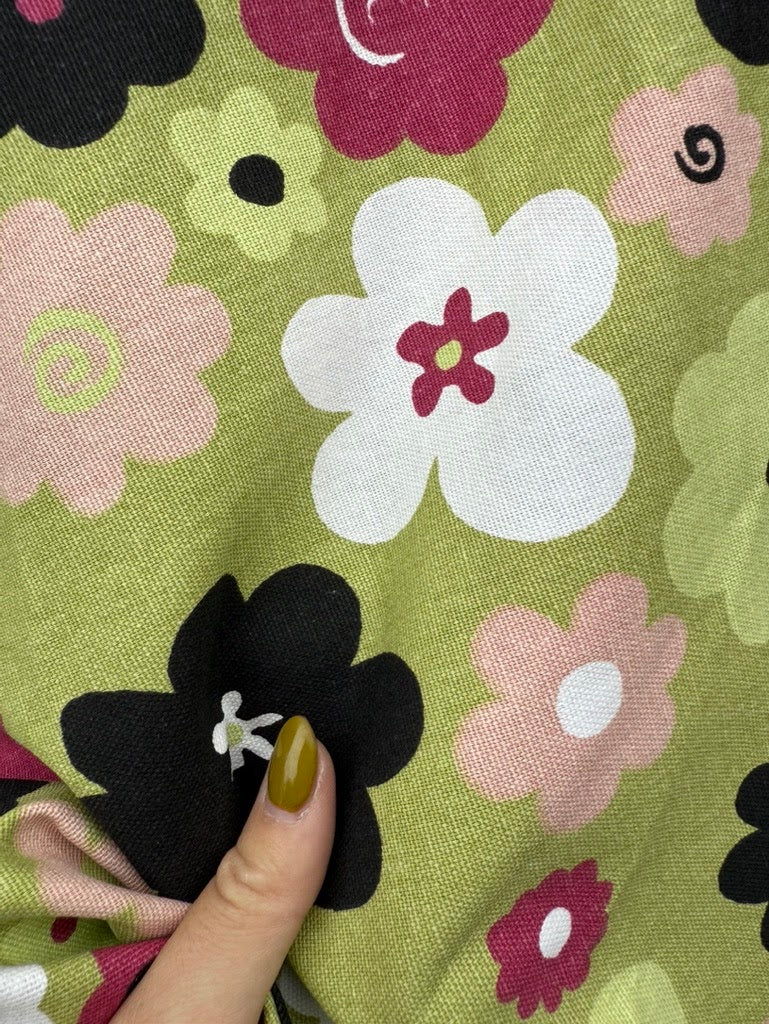 Olive Green Pink White Black Daisy Floral Print Cotton Canvas Woven "Doodle Daisy"