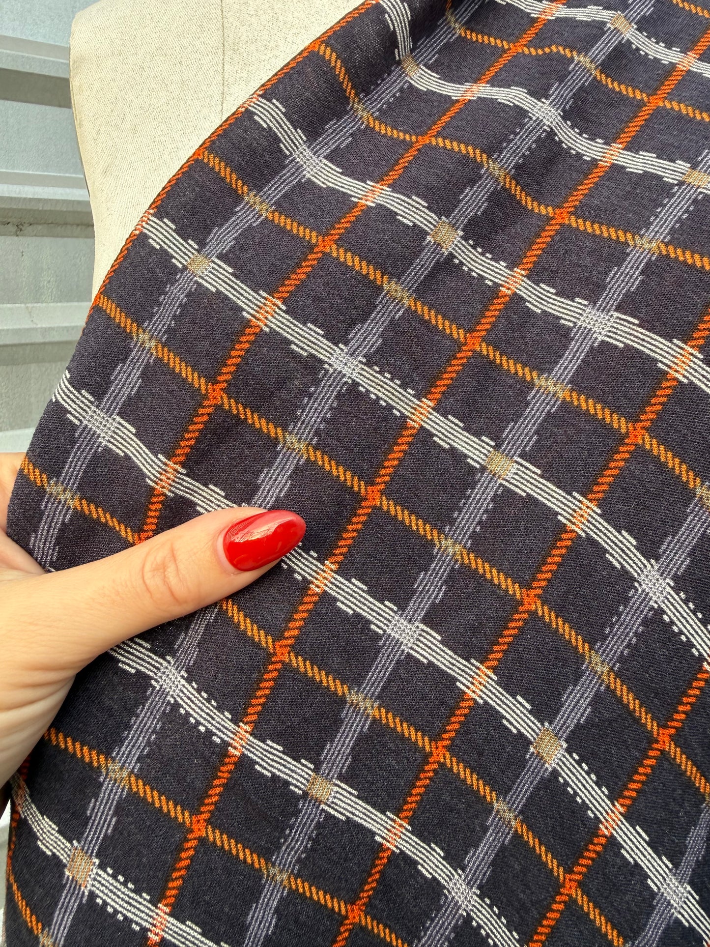 Yellow Orange White Blue Plaid Rope Motif Rayon Crepe "Roped Up"