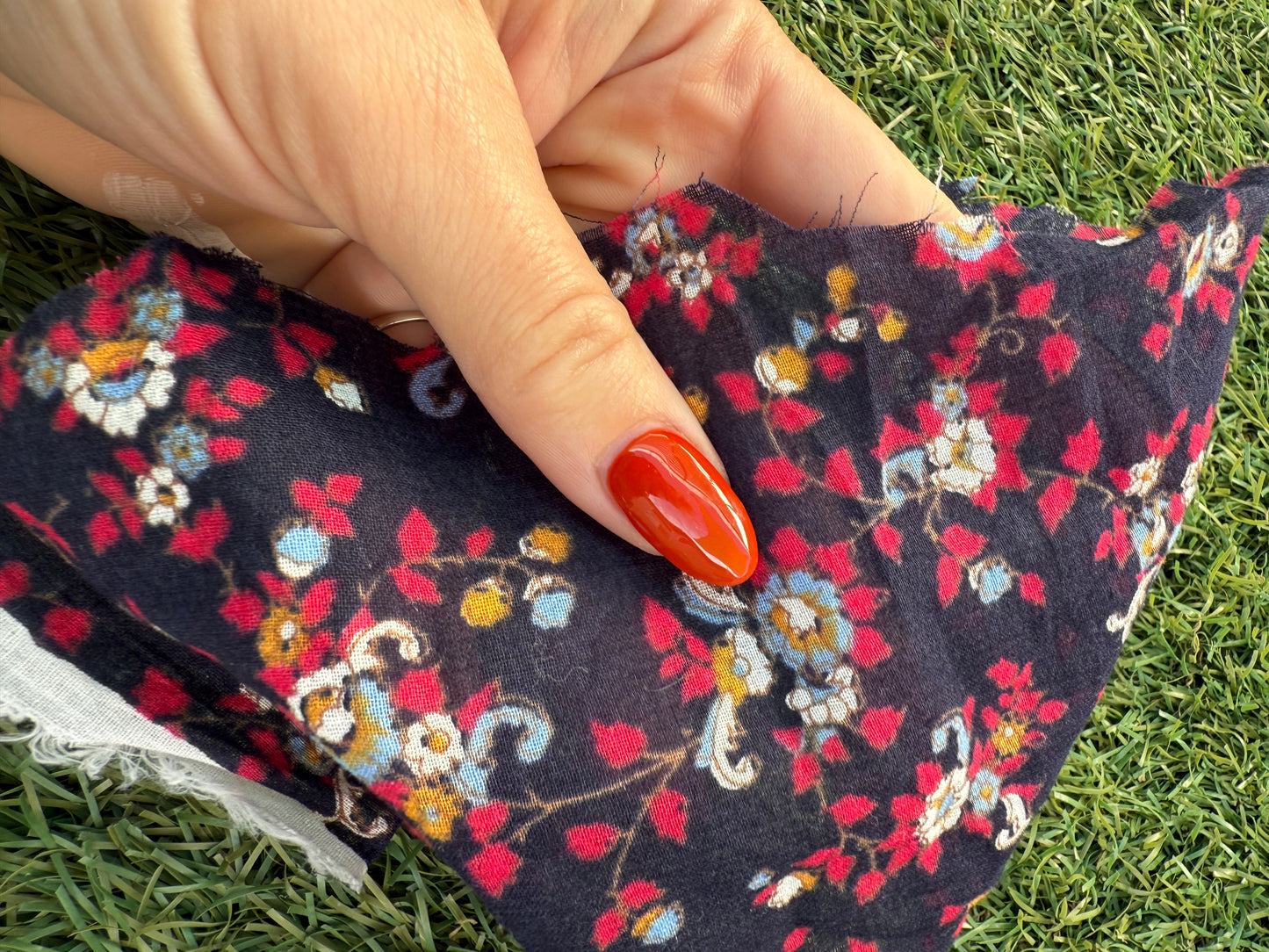 Navy Blue Red Yellow White Baby Blue Floral Vine Cotton Voile Woven "Fair Oaks Farm"