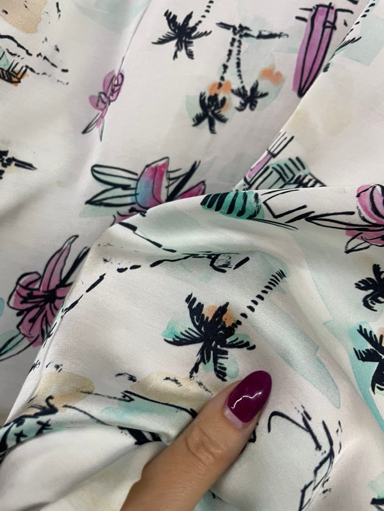 Black Orange Blue Pink Purple Ivory Tan Floral Beach Palm Tree Rayon Satin Woven "Island Breeze"