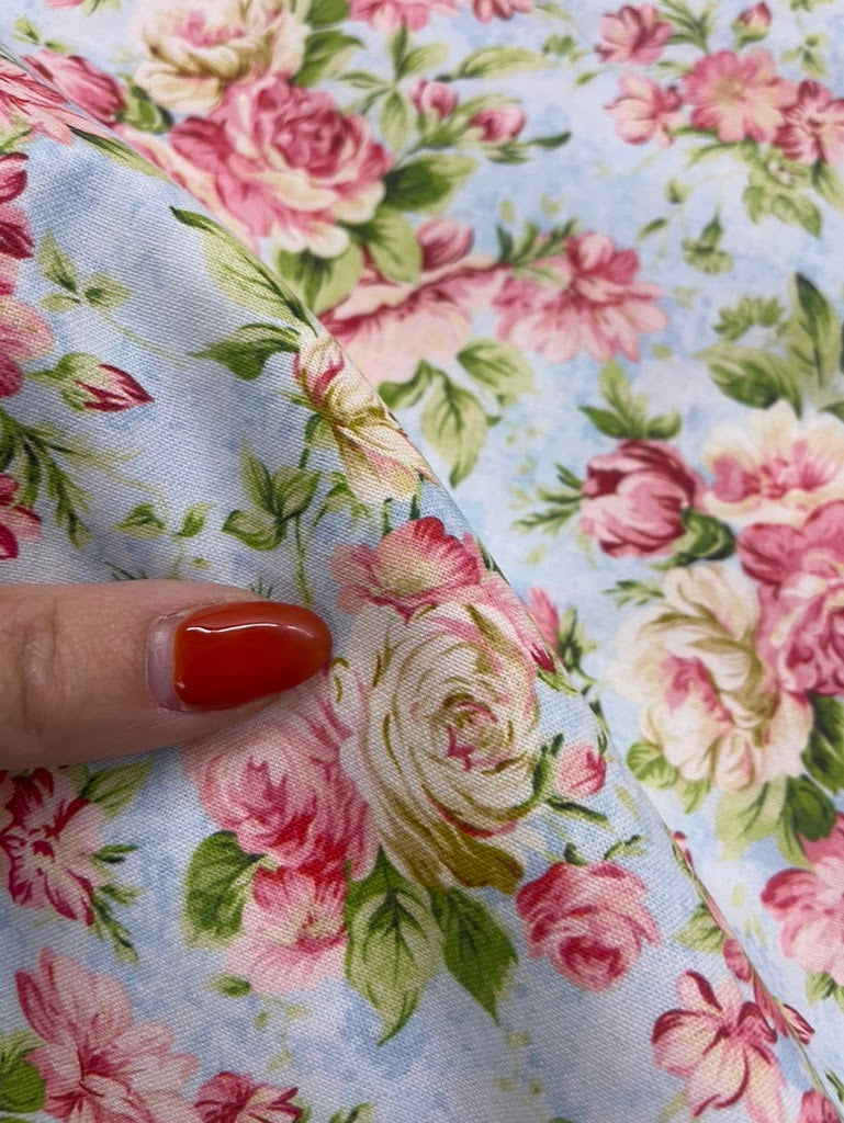 Pink Green Blue Cream Floral Quilt Cotton Poplin Woven "Cottage Blooms"