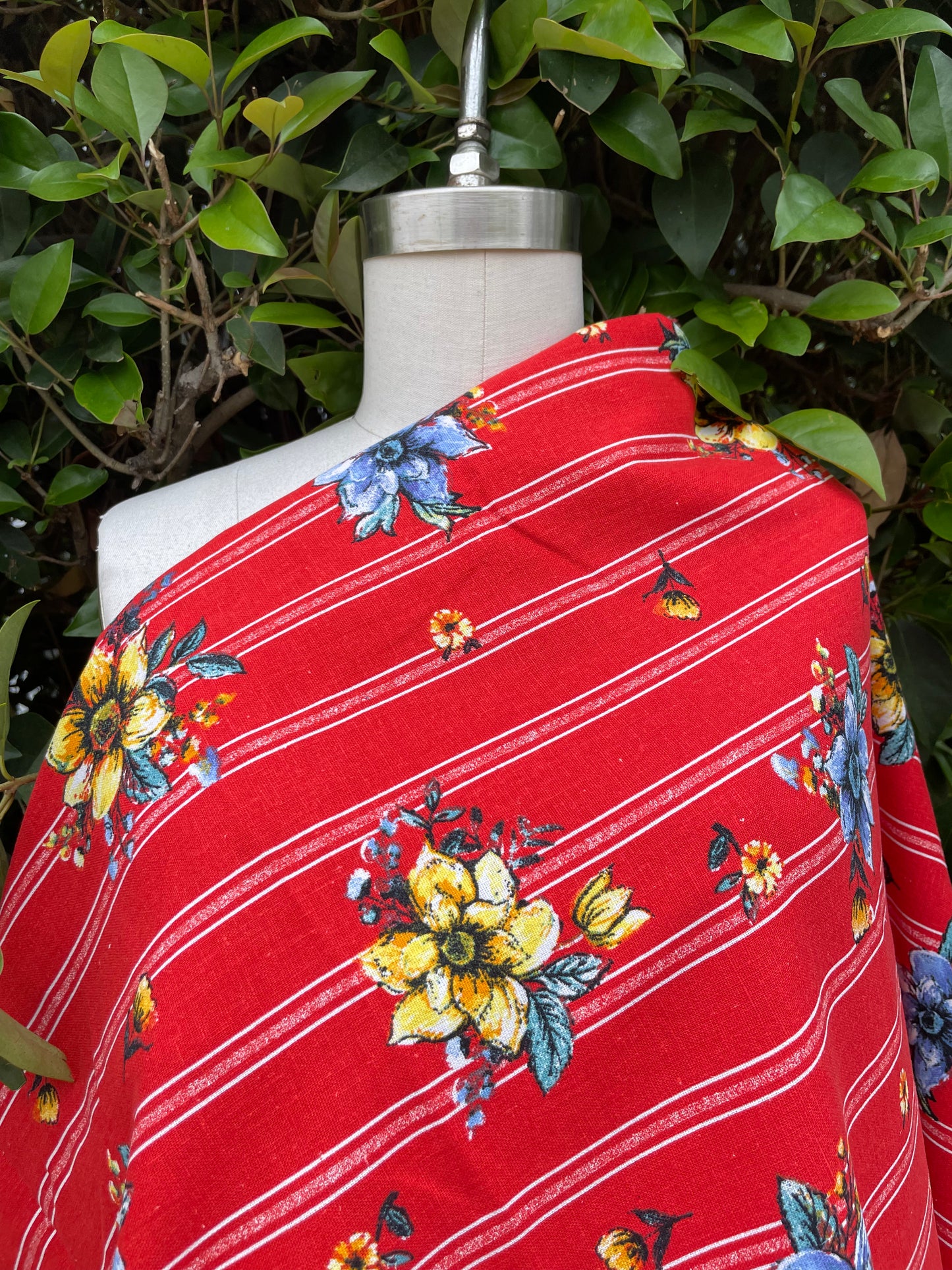 Red White Stripe Blue Yellow Floral Cottage Core Cotton/ Linen "Jam Jar"