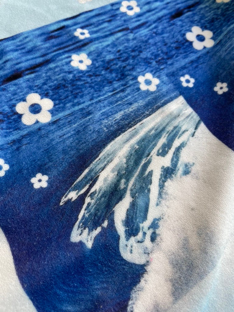 Blue White Ocean wave Mini Floral Terry Cloth Polyester Knit "Tidal Blooms"