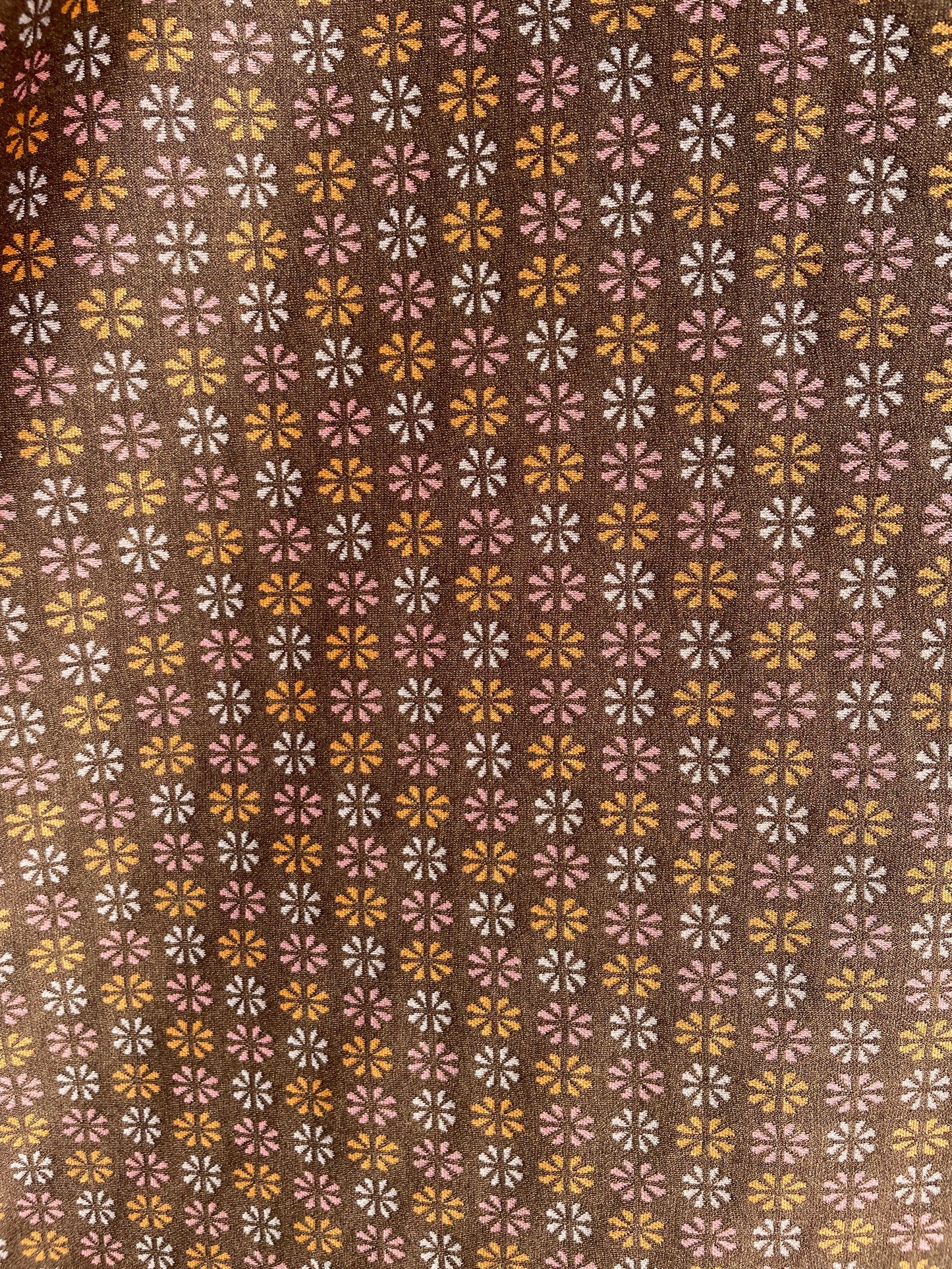 Brown Pink Yellow Daisy Floral Retro Inspired Print Ponte Stretch Knit "Groovy Petals"