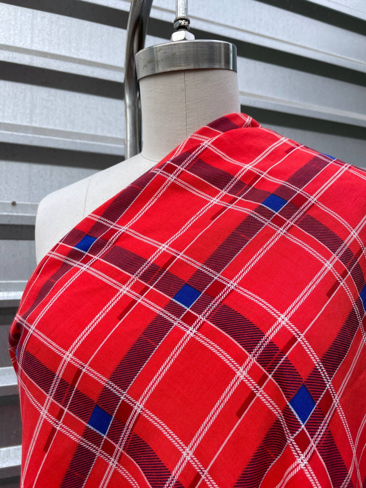 Red Navy White Plaid Rayon Challis "Annie's Comeback"