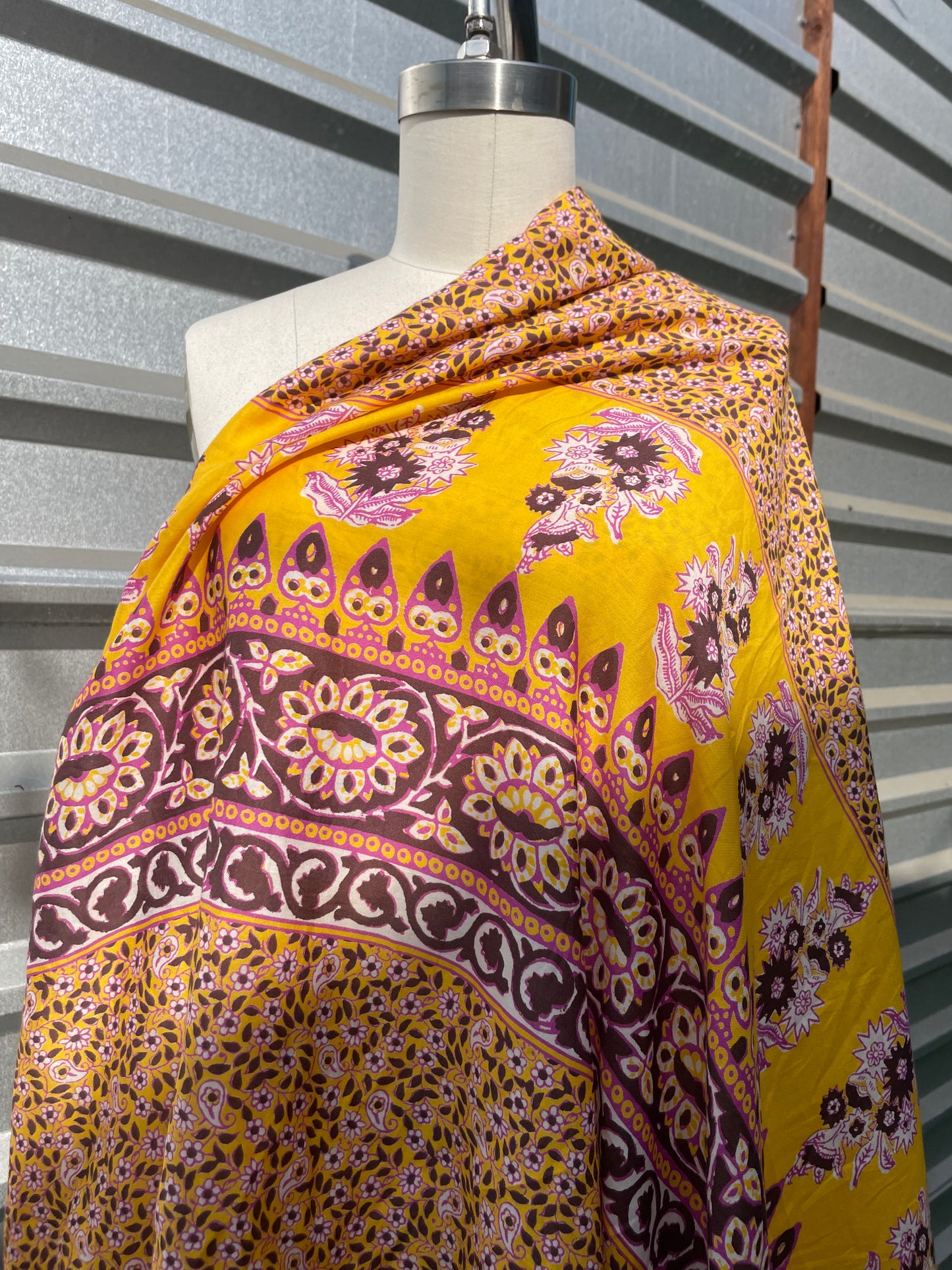 Silk Cotton Voile Yellow Magenta Paisley Panel "Spring Chick"
