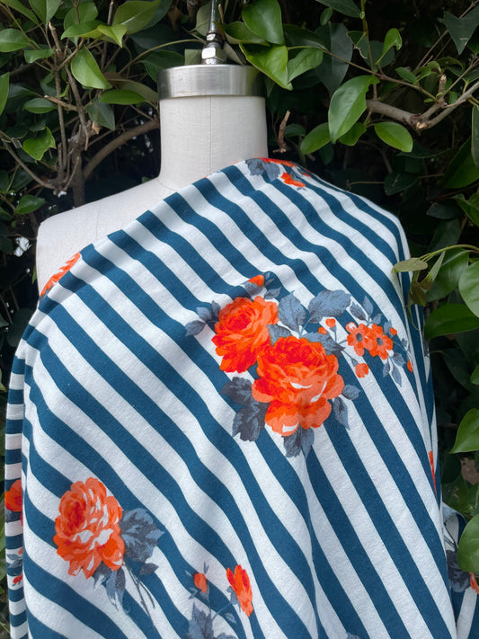 Teal White Stripe Orange Rose Floral Cottage Core Cotton/ Linen "Capri Costal"