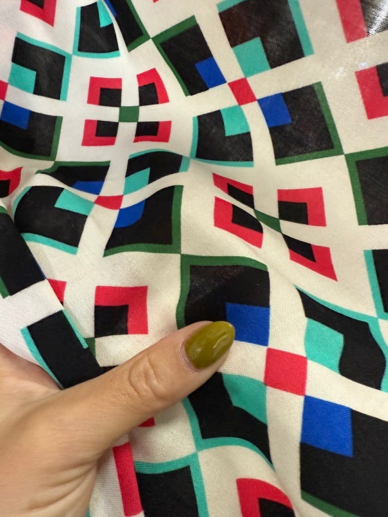 Green Blue Pink Black White Geometric Rayon Challis "Mod Mood"