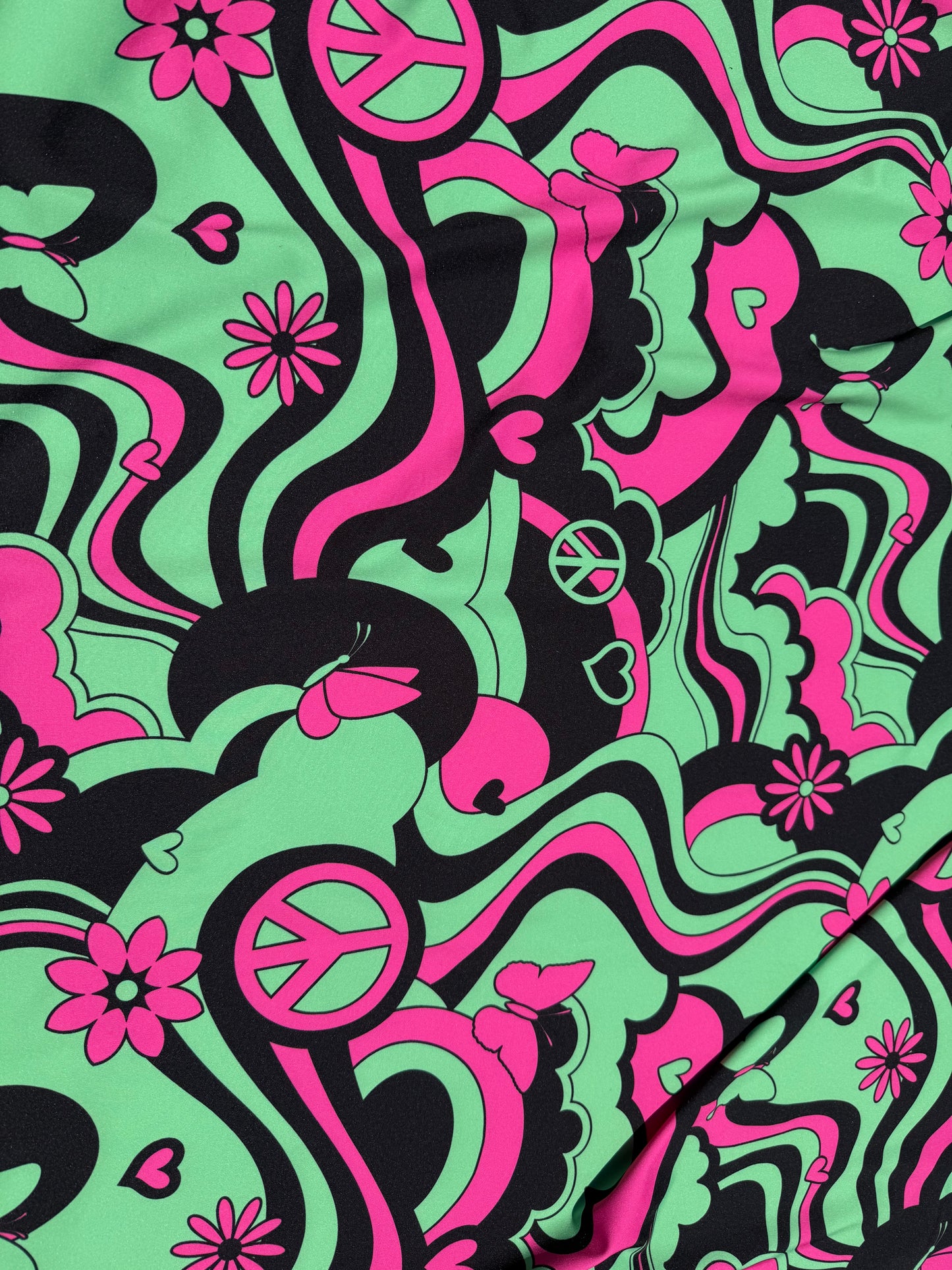 Lime Green Pink Black Swirl Peace Floral Butterfly Print Polyester Spandex Knit "Trippy Hippie"