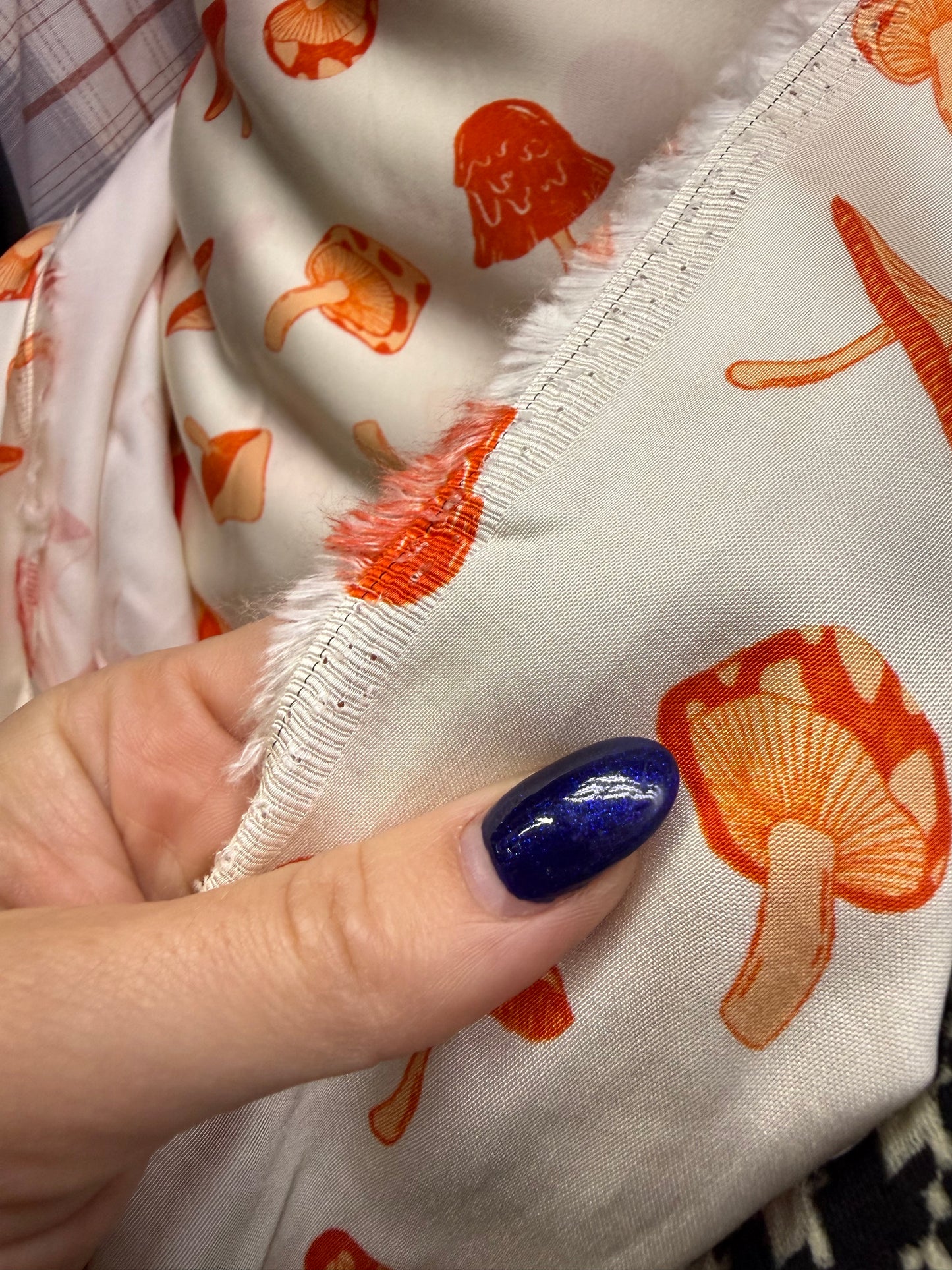 White Orange Mushroom Print Rayon Satin Woven “Smooth Trip”