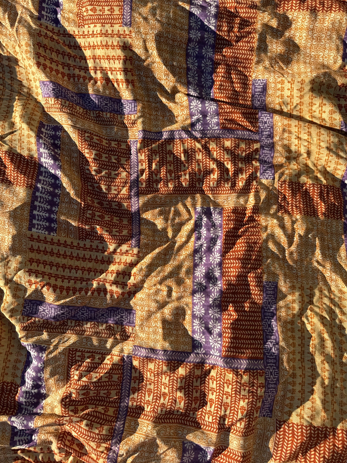 Purple Rust Yellow Gold Block Print Style Soft Rayon Crepe "Royal Block"