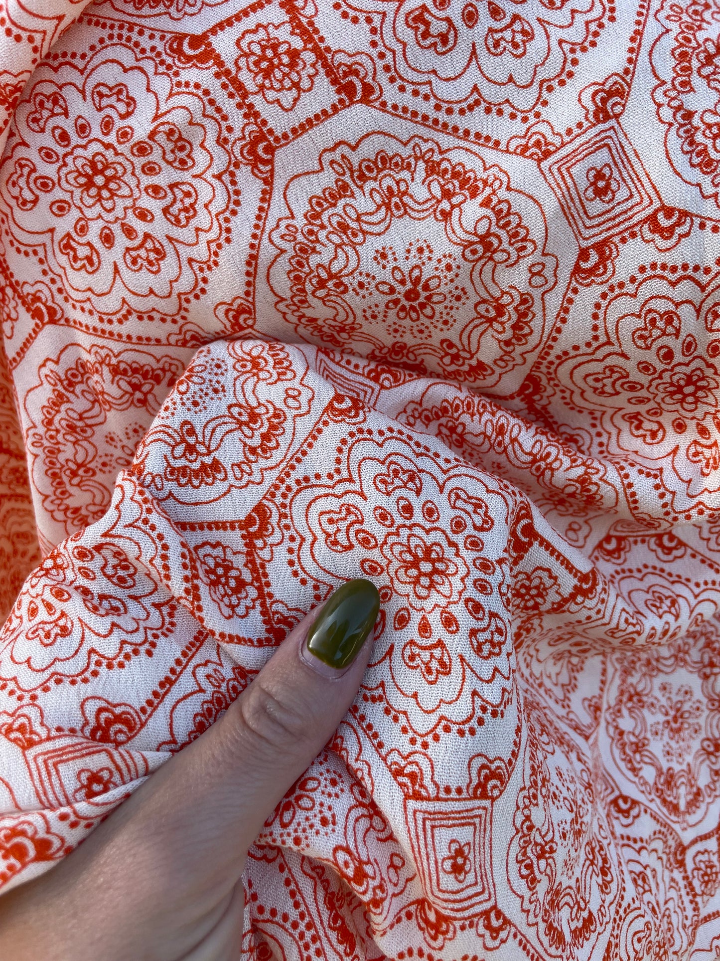 Orange White Paisley Boho Print Soft Rayon Crepe "Sedona Summer"