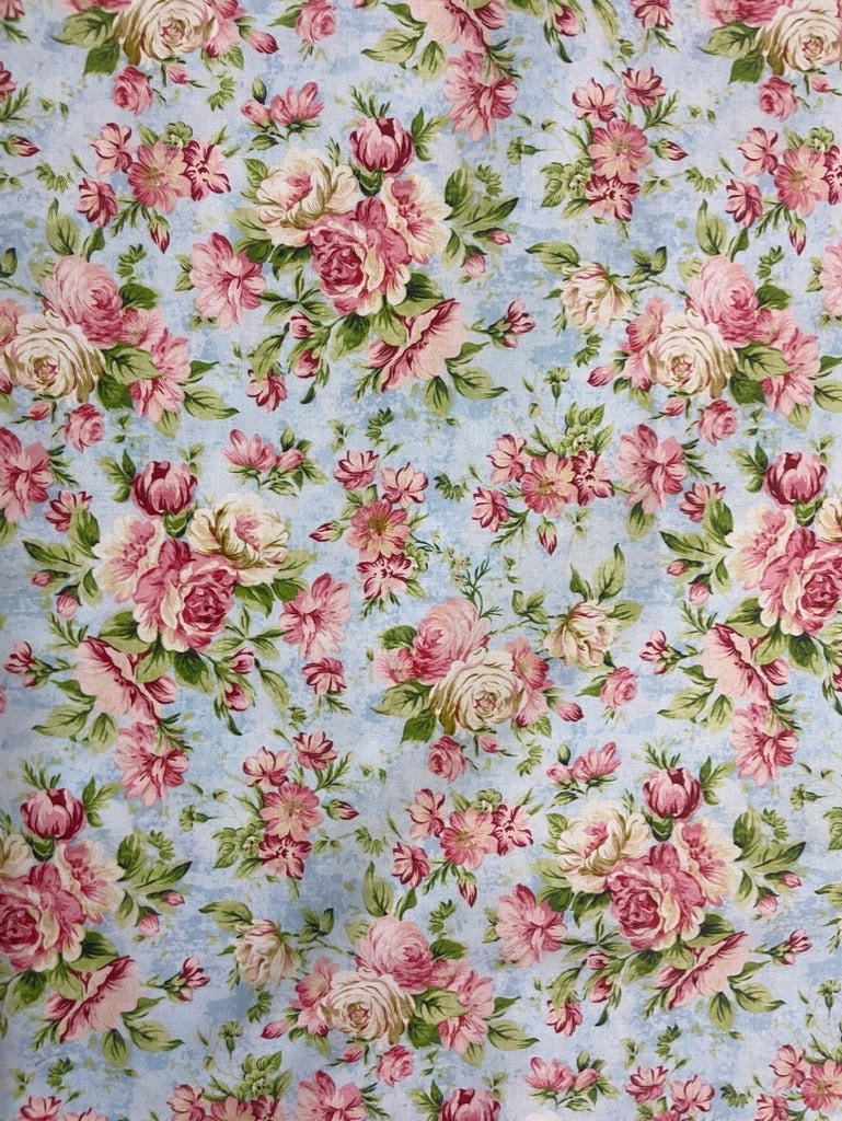 Pink Green Blue Cream Floral Quilt Cotton Poplin Woven "Cottage Blooms"